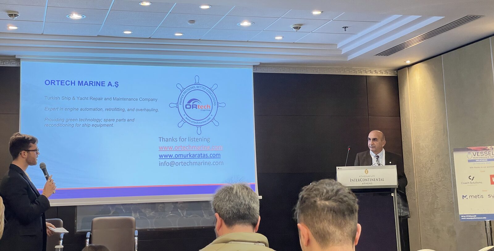 Ömür Karataş presenting Ortech Marine at a maritime forum in Athens, 2024