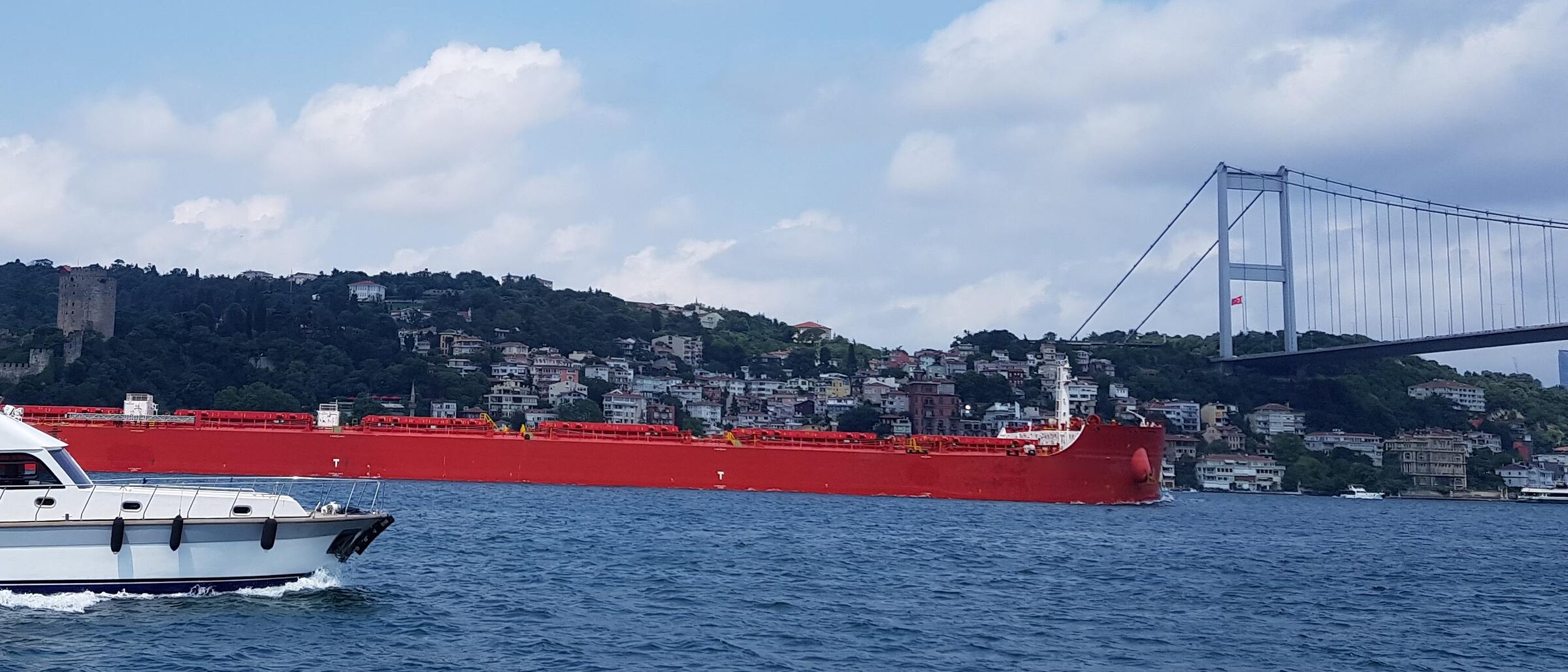 Tanker passing Rumeli Hisarı fortress and the Fatih Sultan Mehmet Bridge on the Bosphorus