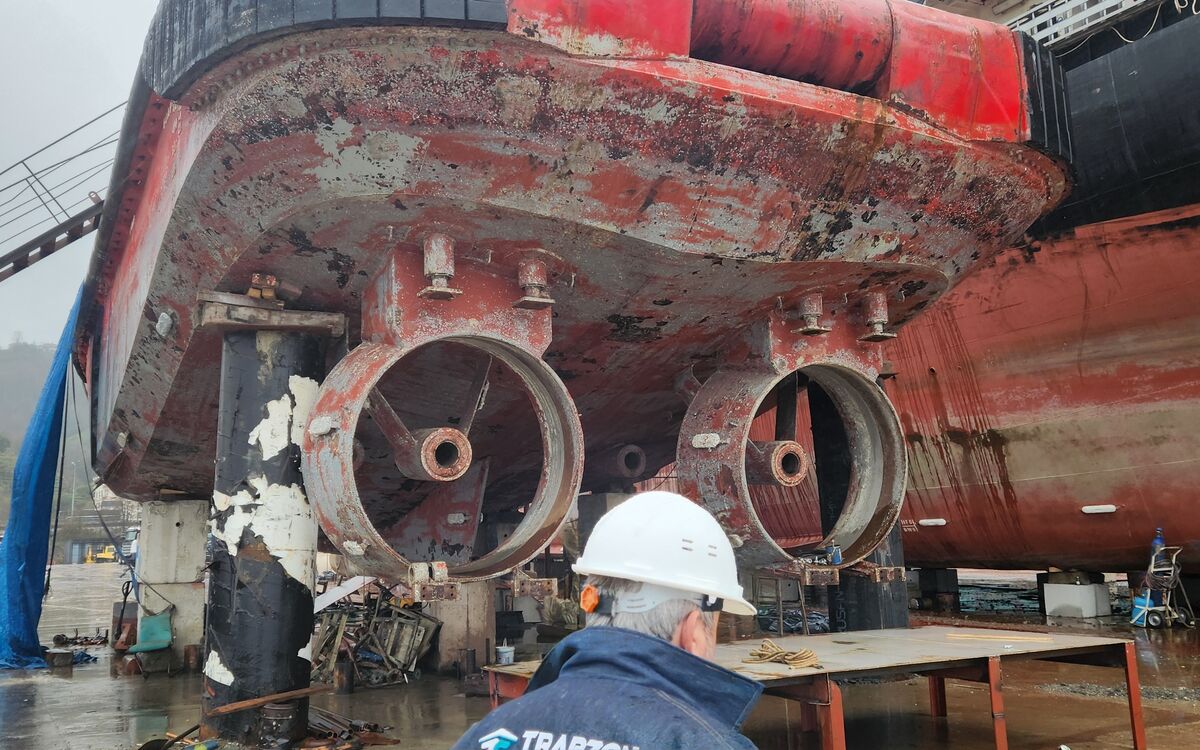 Ortech engineer inspecting stern thruster tunnels in dry dock