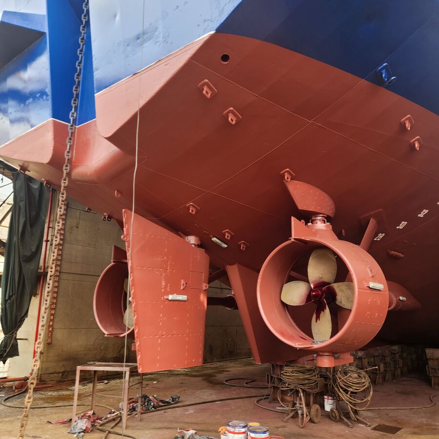 Thruster and hull works in dry dock