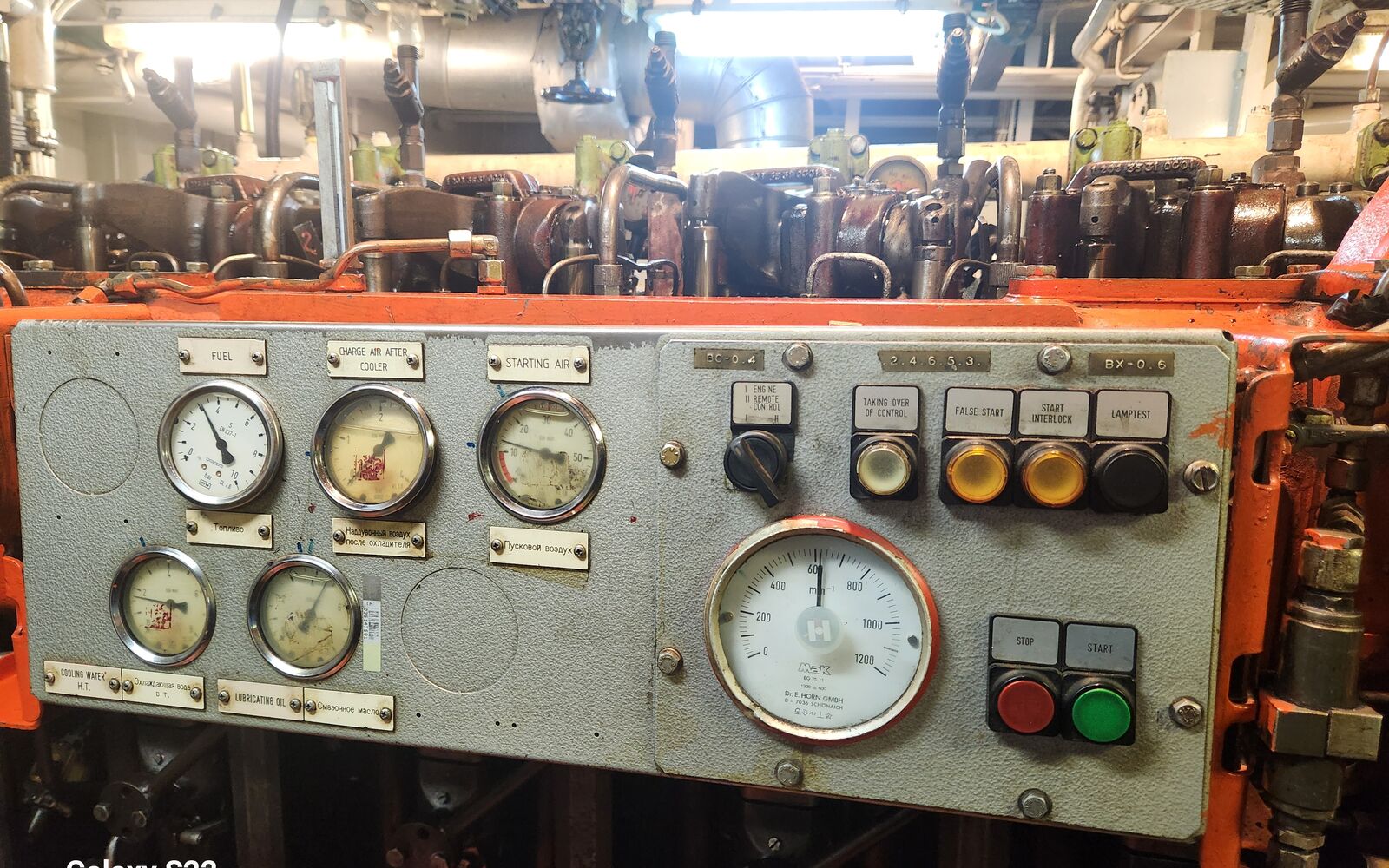 Engine control and gauge panel in a ship's engine room